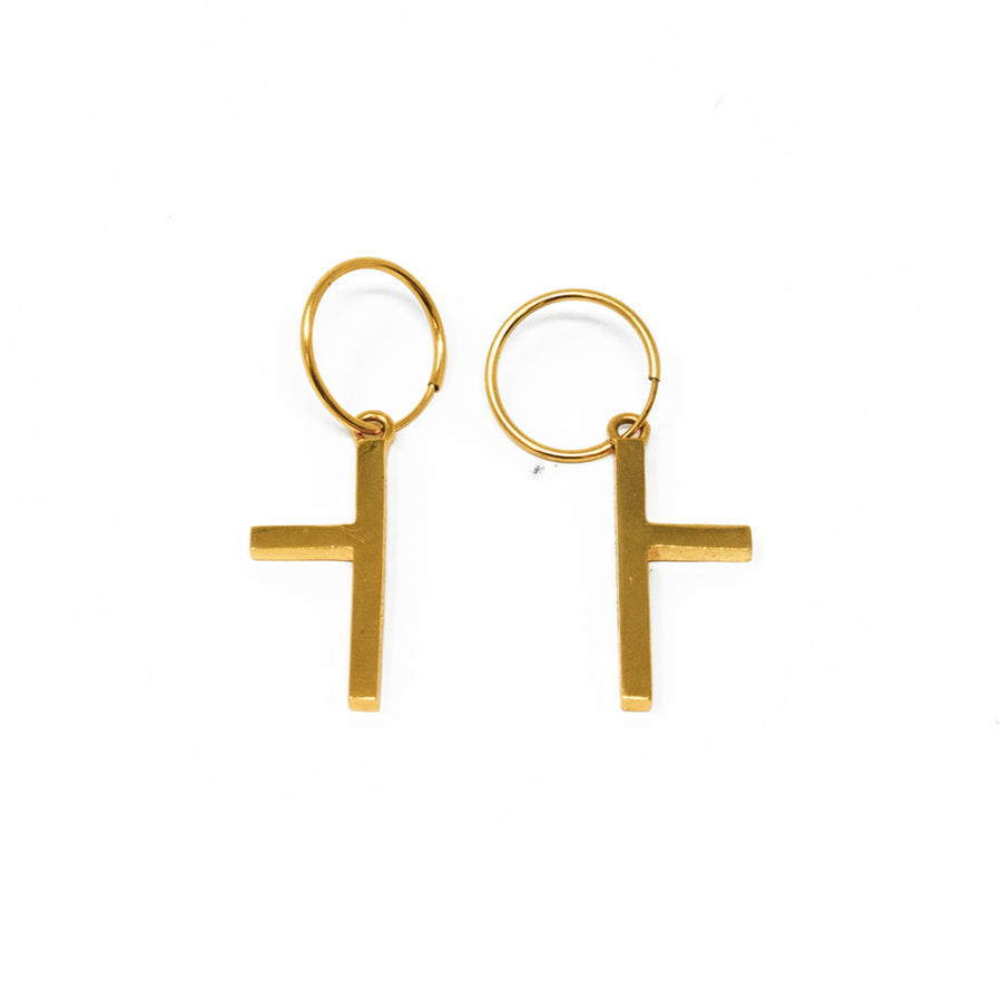 One Sided Cross Earrings - Yellow Gold - Small